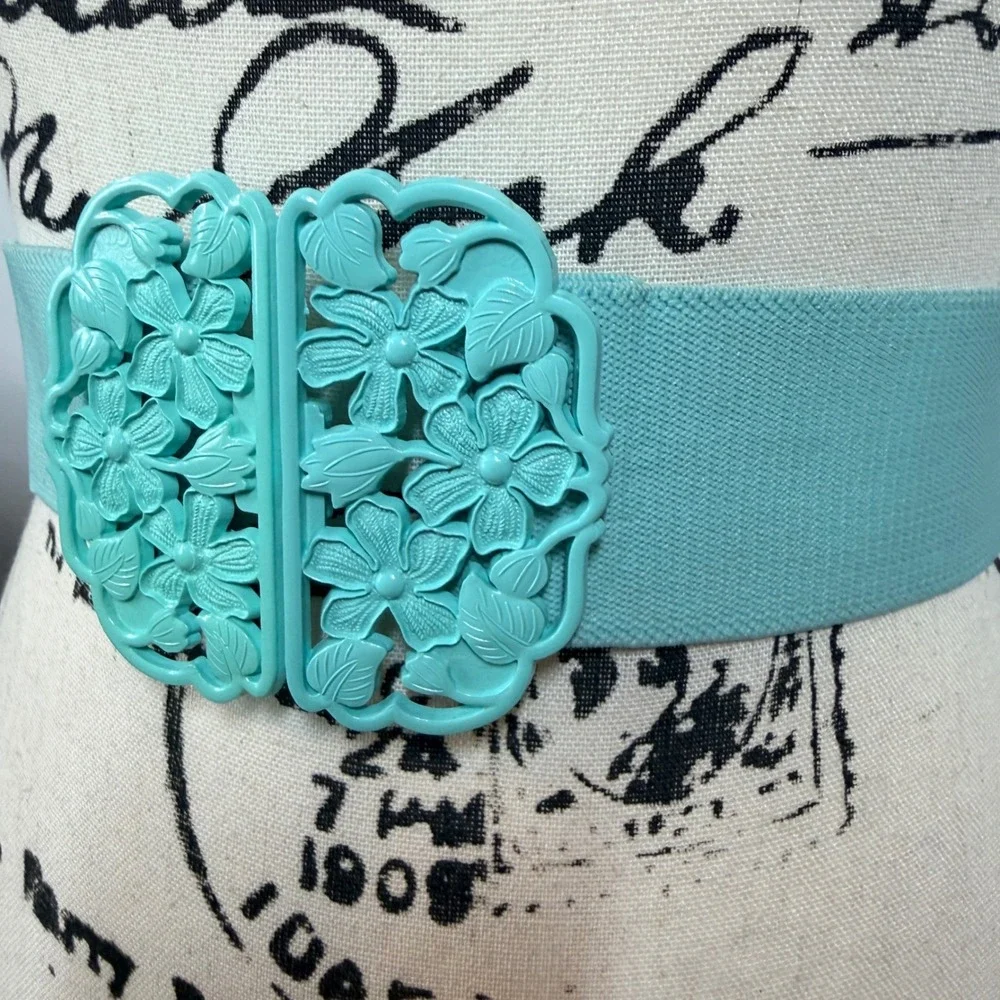 90's Elastic Cinch Belt Women Teal Floral Buckle Retro Stretchy Waist Plastic